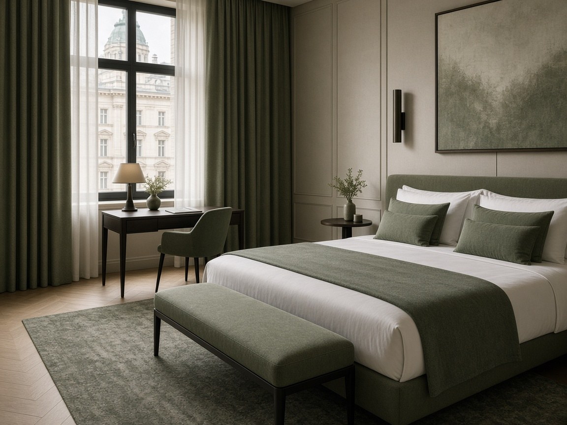 Hotelzimmer mit gedämpften grünen Textilien in Wien 1080